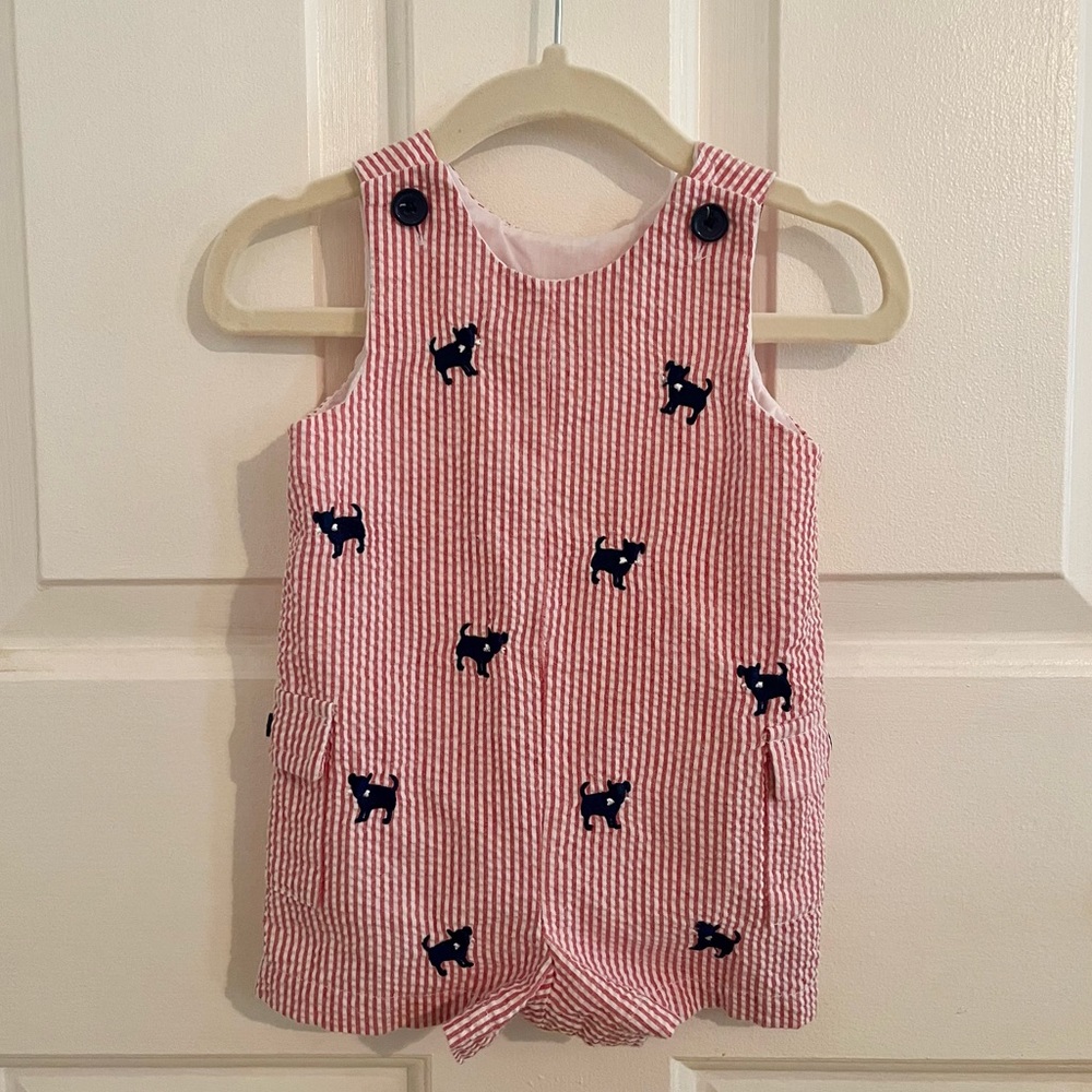 Baby Boy Red Seersucker Puppy Dog Shortall
